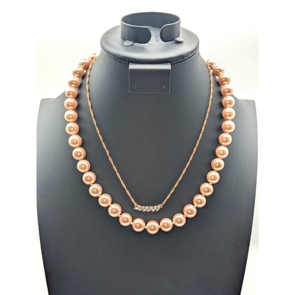 Kenneth J. Lane 12 mm Pink Faux Pearl & Floating CZ Rose Tone Necklaces - Picture 7 of 7